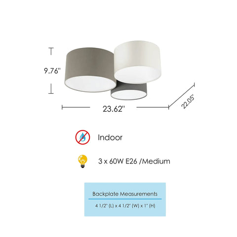 Diagram of Three-Light Semi-Flush Drum Ceiling Light With Dimmable LED, fabric shades in white, gray, cappuccino, dimensions shown.