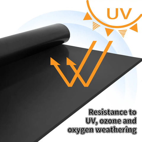 Close-up of Heavy Duty Pro Grade Neoprene Rubber Sheet Roll 80 Inch By 40 Inch By One Eighth Inch Thick showing UV resistance features.