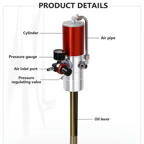 Pro Grade Pneumatic Grease Gun With 94cm Rod And 0.85 LPM Flow, detailed view showing cylinder, pressure gauge, and air pipe.