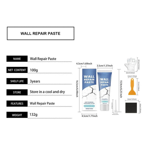 Wall Repair Paste Crack Filler Kit With Fast Dry Putty For Drywall Concrete Tile And Ceiling Seamless Texture Patch No Mess Easy Fix, set with tube, scraper, and sandpaper.