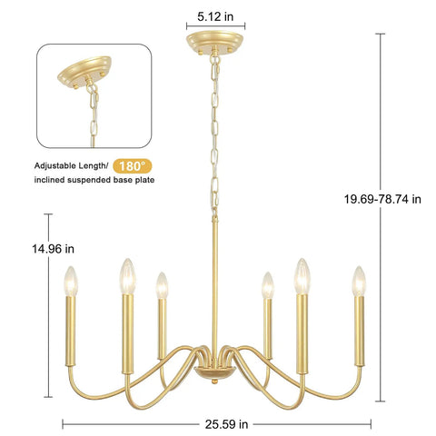 Dope Gold Dining Chandelier 6 Light Modern Farmhouse Industrial Candlestick Pendant Lighting For Kitchen Island Living Room Hallway Entryway Foyer Height Adjustable Chain For Sloped And Flat Ceilings