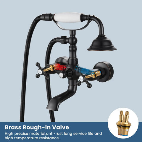Wall Mount Bathtub Faucet With Telephone Handheld Sprayer, Dual Hot And Cold Mixer, Oil Rubbed Bronze, Cross Handles