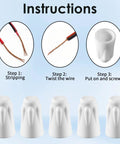 White ceramic wire connectors for 22-14 AWG high-temperature wiring; five large twist caps with step diagrams