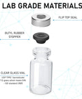 Front view of clear 2ml glass sample vial with flip-top metal seal and black butyl rubber stopper (10-pack)