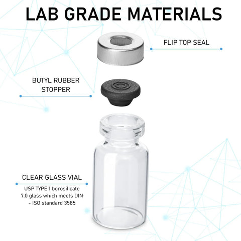 Front view of clear 2ml glass sample vial with flip-top metal seal and black butyl rubber stopper (10-pack)