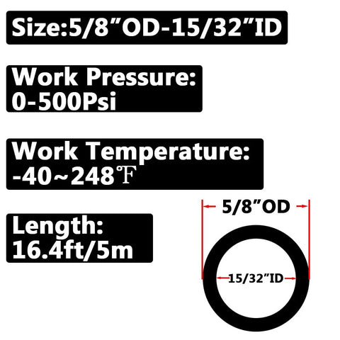 Heavy Duty Five Eighth Od Nylon Air Line Tubing Tough As A Nail For Auto Air Brakes And Compressors 500 Psi High Pressure Flexible Transport Hose 16 Feet Black Sae Grade Industrial Durable size and specifications on display.