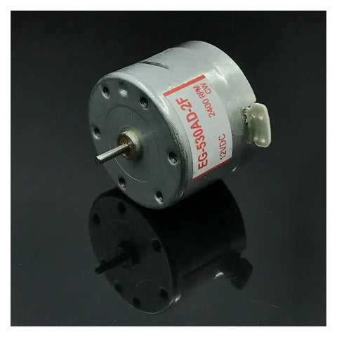12V Micro DC Motor EG-530AD-2F CW For Cassette Deck Capstan Spindle Replacement, side view showing label and shaft