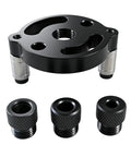 Bulletproof Aluminum Self Centering Drill Guide Jig For Bullseye Hole Alignment, black base and three threaded accessories.