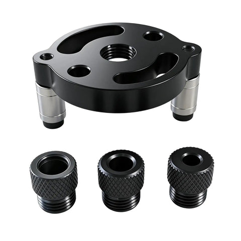 Bulletproof Aluminum Self Centering Drill Guide Jig For Bullseye Hole Alignment, black base and three threaded accessories.