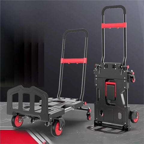 Heavy Duty Folding Flatbed Hand Truck With Convertible Cart Mode For Home And Job Site Use Portable Trailer Transporter For Shopping And Moving Rugged Easy Fold Compact Storage, shown folded and flatbed