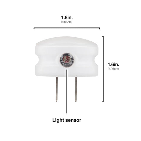 Mini LED Night Light Plug In Dusk To Dawn Sensor Warm White Compact Cozy Ambient Lighting For Bedroom Bathroom Nursery Hallway Kitchen 4 Pack 45084 Soft Glow Energy Efficient showing light sensor and dimensions 1.6in x 1.6in