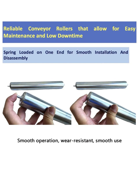 Top Shelf Stainless Steel Conveyor Roller Idler For Fence Mower And Diy Builds Solid 950x990x38mm Belt Rollers shown in hands, spring loaded for easy use.