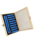 Rock Solid 11 Piece Lathe Tool Set With Carbide Tips in wooden case, showcasing blue carbide tips for precision cutting.