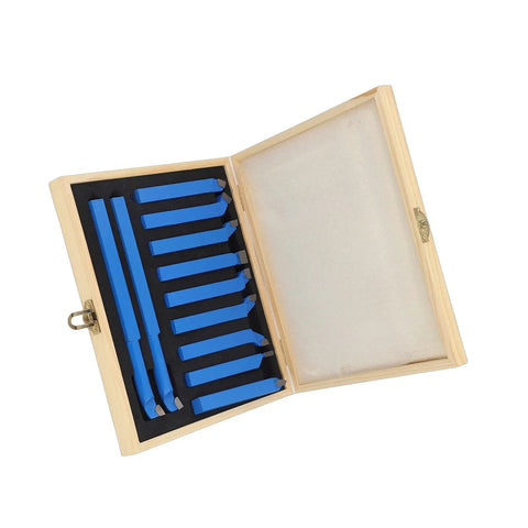 Rock Solid 11 Piece Lathe Tool Set With Carbide Tips in wooden case, showcasing blue carbide tips for precision cutting.