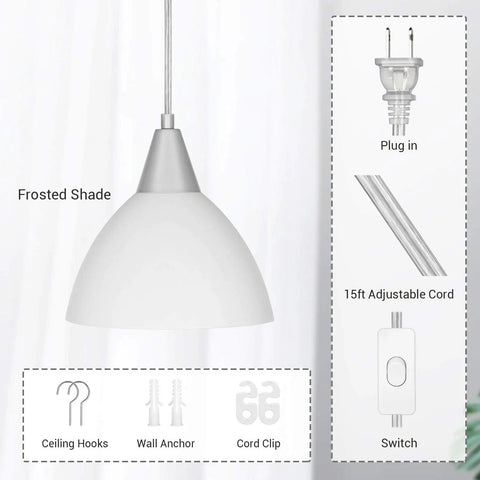 Adjustable Pendant Light With 15 Foot Cord And On Off Switch Frosted White Shade Ceiling Lamp For Living Room Bedroom Dining Hall Easy Install Plug In Ceiling Lighting Pack Of 2 featuring components