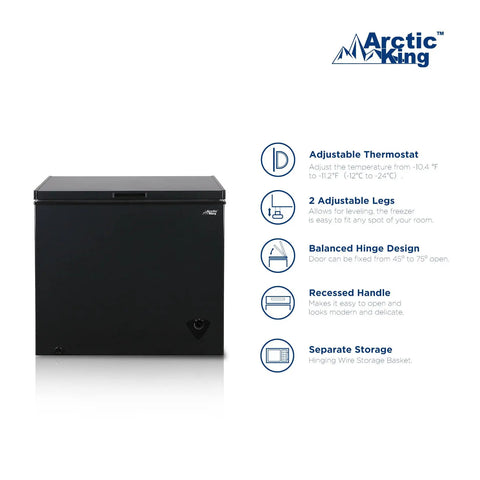 Top Shelf 7.0 Cu Ft Chest Freezer In Black With A Nifty Basket And No Sweat Defrost Drain. Adjustable thermostat and legs.