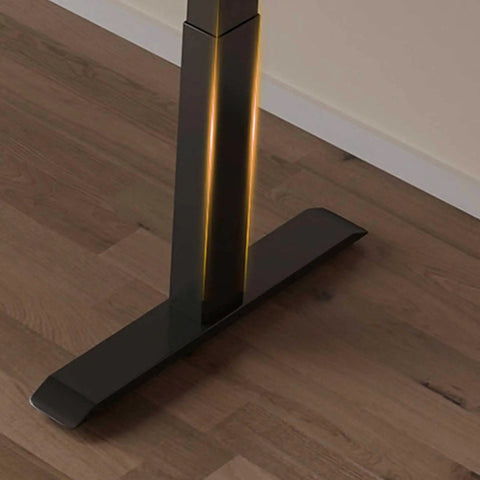 Base of the Straight Up Solid Wood Electric Standing Desk With Drawers, featuring a motorized lift support system.