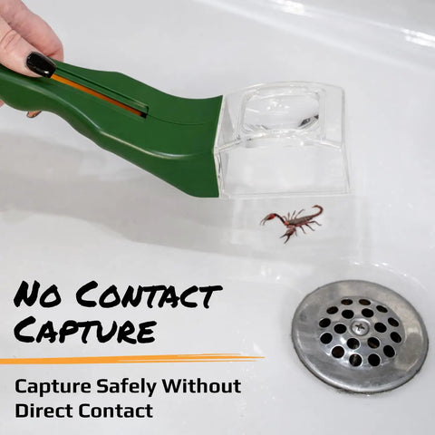 5x Magnifying Bug Catcher With One-Handed Quick Release Trap For Indoor Outdoor Exploration Kids And Adults STEM Learning Toy For Safe Bug Viewing And Easy Release, green plastic, clear lens, holding scorpion over sink