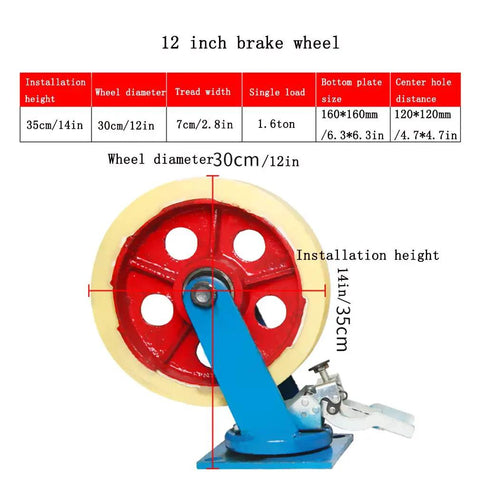 Rock Solid Heavy Duty 8 And 12 Inch Nylon Swivel Casters With Secure Wheel Locks Iron Core Build Quiet Rolling Setup For Industrial Machines And Medical Carts, 12 inch brake wheel with blue casing.