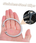 5 Piece Stainless Steel C Clip Retaining Ring Kit held in hand, showing size for grooved shafts and easy install in mechanical projects.