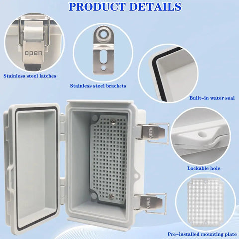 Ip67 Waterproof Electrical Junction Box In Grey Abs Plastic Includes Mounting Plate And Four Stainless Steel Wall Brackets For Outdoor Routers Switches Diy Projects And Built Tough For Any Weekend Warrior Setup with stainless steel latches and a built-in water seal.