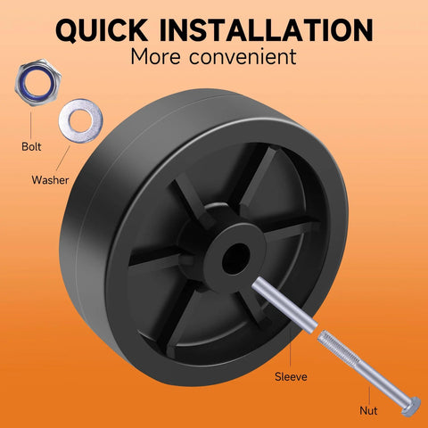 Front view of XIANGZI 6-inch trailer jack wheel replacement with bolt, washer, sleeve and nut