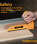 Dual Grip L Shaped Push Sticks To Keep Your Digits Safe During Hard Woodworking Jobs Smooth Guide Tool For Table Saw Router And Band Saw Cutting Keeps Hands Protected While You Kick Up Sawdust In The Shop, orange rubber grip in use on wood.