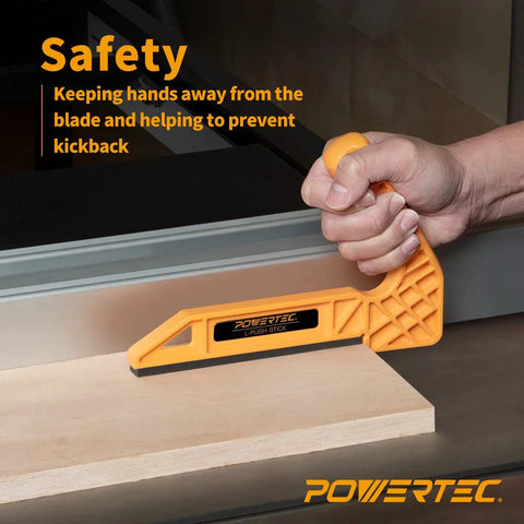 Dual Grip L Shaped Push Sticks To Keep Your Digits Safe During Hard Woodworking Jobs Smooth Guide Tool For Table Saw Router And Band Saw Cutting Keeps Hands Protected While You Kick Up Sawdust In The Shop, orange rubber grip in use on wood.