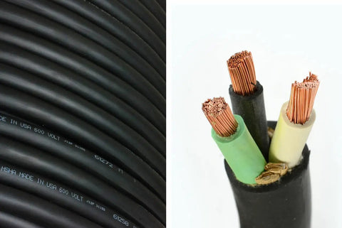 100 Foot 10 AWG 3 Conductor SOOW Power Cord Built Tough Flexible Outdoor Cable Pro Grade Workhorse For Hardworking Crews And Weekend Warriors Rated 600 Volt Black cable spooled and cut, showing thick copper wiring.