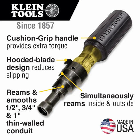 Conduit Reamer and Screwdriver for One Half Inch, Three Quarter Inch, and One Inch Thin Wall Conduit with Hooded Blade, Made in USA