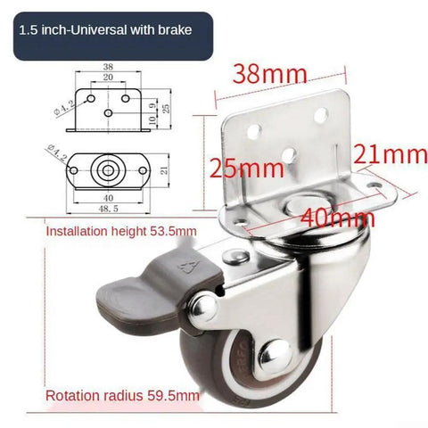 Silent Furniture Caster 20kg Capacity TPE Wheel(1.5 Inch With Brake) with dimensions labeled for installation.