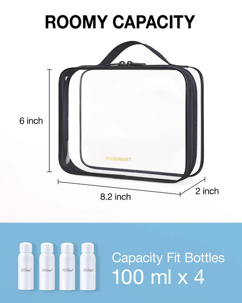 Clear TSA Approved Travel Toiletry Bags Set Of Two With Water Resistant Design shown with 8.2 x 2 x 6 inch dimensions