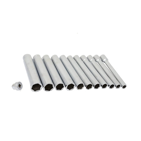 Deep 120mm Metric Socket Set Eleven Piece With Three Eighths Inch Drive Long Reach Sockets From Eight To Eighteen Millimeter