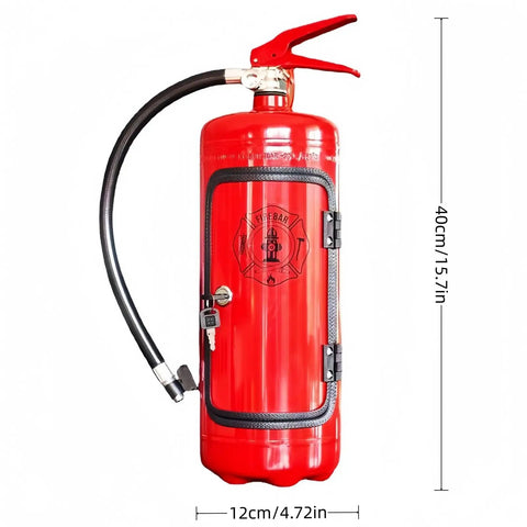 Front view of Fire Extinguisher Shaped Liquor Dispenser Mini Metal Bar Accessory with hose, lock, and size dimensions visible