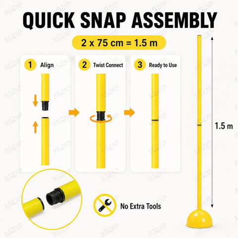 Quick snap assembly instructions for DIY Drone Obstacle Course Kit For RC FPV Racing Drones, showing yellow pole setup.