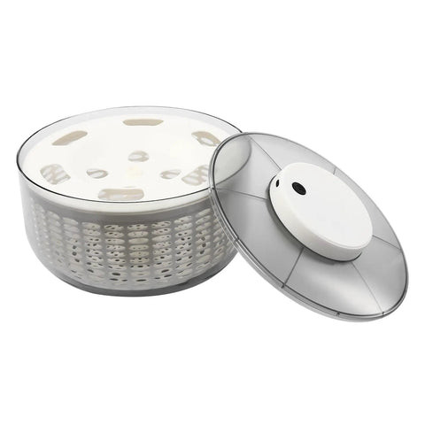Killer Electric Salad Spinner With Six Liter Capacity And Rapid Spin Motor Plus Splash Guard Drain Basket showing clear bowl and lid.