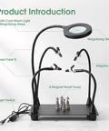Pro Grade Helping Hands Soldering Station With Five X Magnifying Lamp And Four Flexible Arms PCB Holder No Slip Base setup