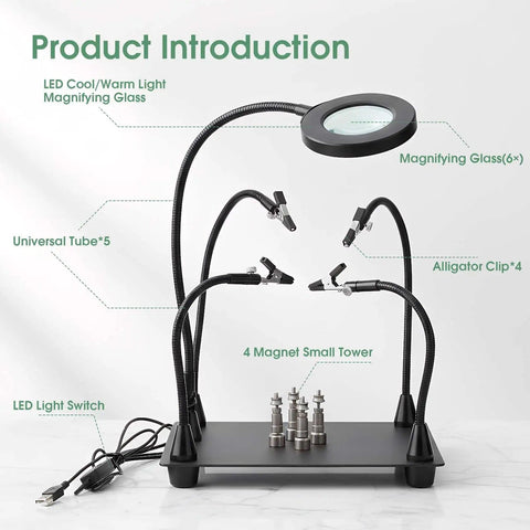Pro Grade Helping Hands Soldering Station With Five X Magnifying Lamp And Four Flexible Arms PCB Holder No Slip Base setup