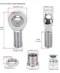 2 Pcs Left And Right 1.25 Inch Heim Joint Rod Ends With Hand Cut Threading, detailed measurement diagram of rod ends.