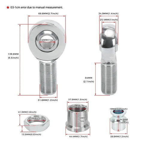 2 Pcs Left And Right 1.25 Inch Heim Joint Rod Ends With Hand Cut Threading, detailed measurement diagram of rod ends.