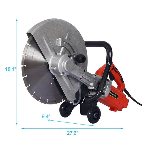 Beast Mode 3000W Electric Concrete Saw With 14 Inch Blade for wet cutting, showing blade and dimensions in inches.