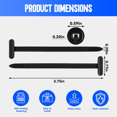 150 Pcs Nylon Universal Cable Tie Kit dimensions and features shown with strap style zip ties and push rivets for auto body fasteners