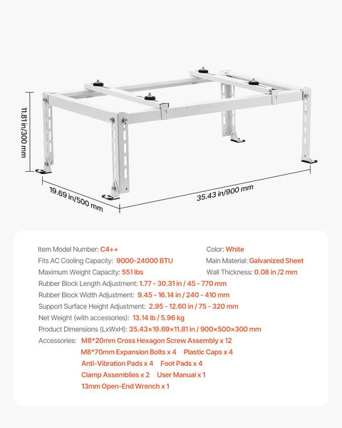 Heavy Duty Mini Split Ground Stand With Adjustable Anti Vibration Support For 9000 To 24000 BTU Ductless AC Heat Pump Galvanized Steel Floor Mount Bracket Up To 551 Lbs Load Capacity dimensions and features