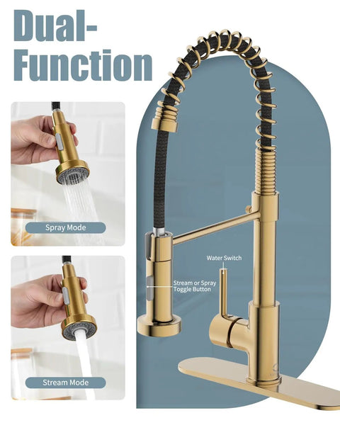 Brushed Gold Kitchen Faucet With Soap Dispenser And Deck Plate For RV And Farmhouse Sinks, showing pull down with spray modes