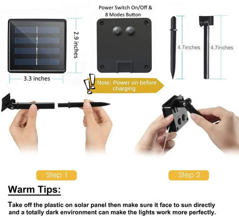 Hands assembling solar panel for Outdoor Solar Fairy String Lights Watering Can Waterfall Effect 9 Strands Of 180 LEDs