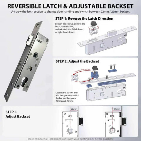 Reversible latch and adjustable backset installation steps for Top Tier Euro Mortise Storm Door Lock Body featuring 22 to 26 mm backset.
