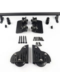 Killer Quality Black Steel Sliding Barn Door Hardware Kit With Adjustable Rustproof Rolling Library Ladder Track For Smooth Glide and Top Shelf Heavy Duty Support Straight Up Built To Last components including rollers, tracks, and brackets.