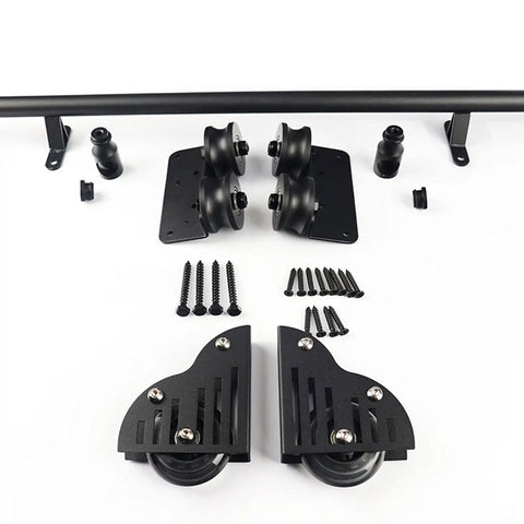 Killer Quality Black Steel Sliding Barn Door Hardware Kit With Adjustable Rustproof Rolling Library Ladder Track For Smooth Glide and Top Shelf Heavy Duty Support Straight Up Built To Last components including rollers, tracks, and brackets.