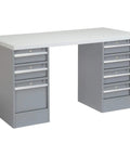Heavy Duty 72 Inch Workbench With 24 Inch Depth And 1-5/8 Inch Square Edge Laminate Top All Welded Steel Pedestal Frame showing gray finish and locking drawers.