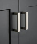 Three Inch Hole Center Cabinet Pulls In Brushed Nickel, Satin Nickel Square Drawer Handles For Cabinets, Stainless Steel Cabinet Hardware close-up.